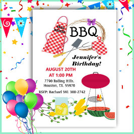 Red Checkated Apron and Barbecue Grill Birthday Inbjudningar