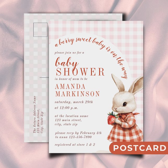 Red Checkded Garden Berry Sweet Bunny Baby Shower Vykort (Skapare uppladdad)