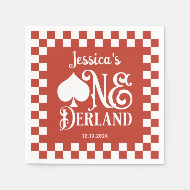 Red Checkered Alice in ONEderland 1st Birthday Pappersservett (Framsidan)