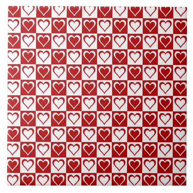 Red Checkered mönster med Hearts Kakelplatta (Framsidan)