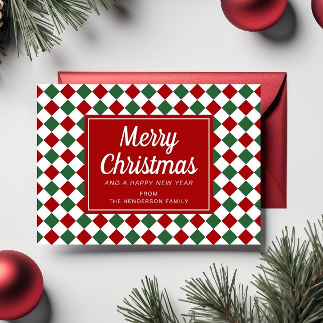 Red Checks-foto för Mönster-julskript Julkort (Red Checks Pattern Christmas Script Photo Holiday Card)
