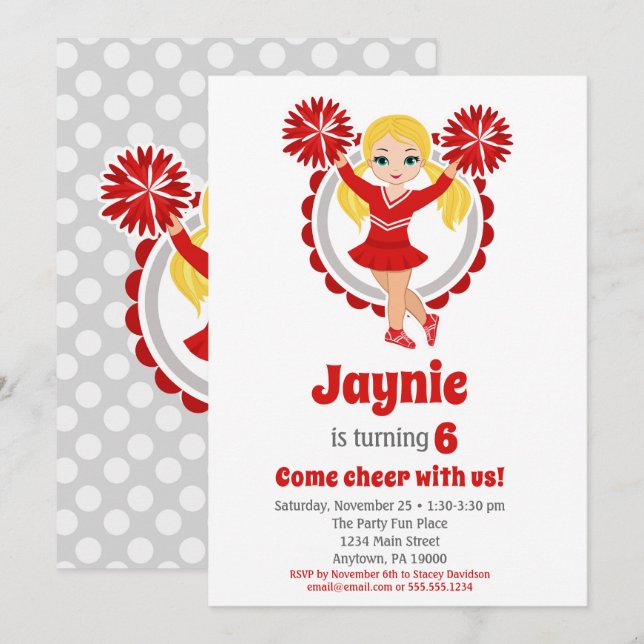 Red CheerLeader - Blonde Girls Cheer Birthday Inbjudningar (Fram/baksida)