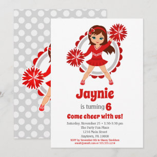 Red CheerLeader - Brunette Girls Cheer Birthday Inbjudningar