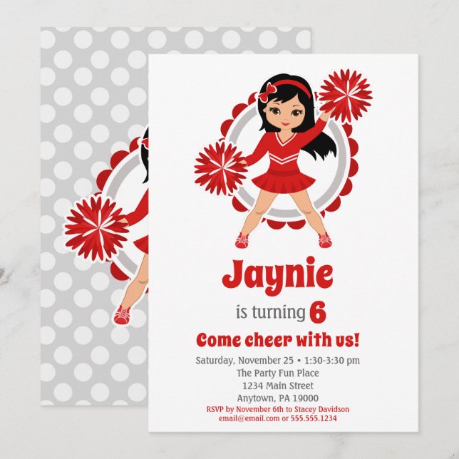Red Cheerledare Black Hair Girls Cheer Birthday Inbjudningar (Fram/baksida)