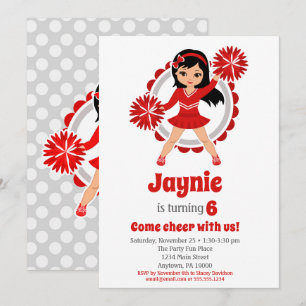 Red Cheerledare Black Hair Girls Cheer Birthday Inbjudningar