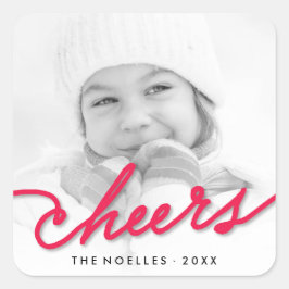 Red Cheers Calligraphy Script Modern Photo Helgdag Fyrkantigt Klistermärke