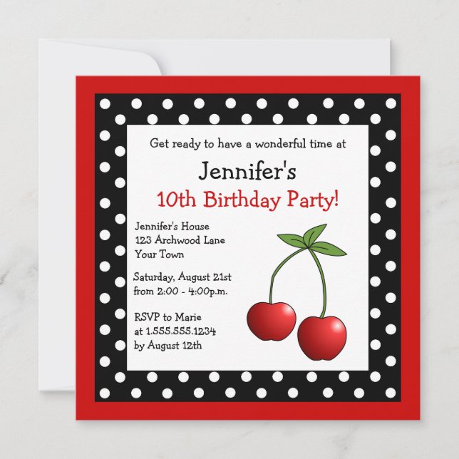 Red Cherries Birday Black & White Polka dots Inbjudningar (Framsida)