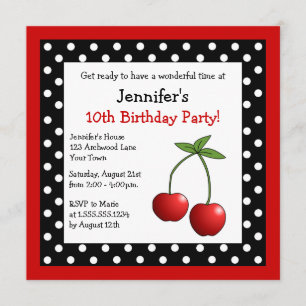Red Cherries Birday Black & White Polka dots Inbjudningar