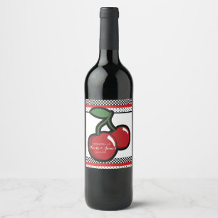 Red Cherries Black Anpassningsbar Retro Anpassning Vinflaska Etikett