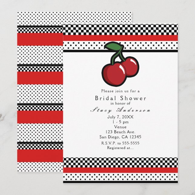 Red Cherries Black White & Red-inbjudningar Inbjudningar (Fram/baksida)