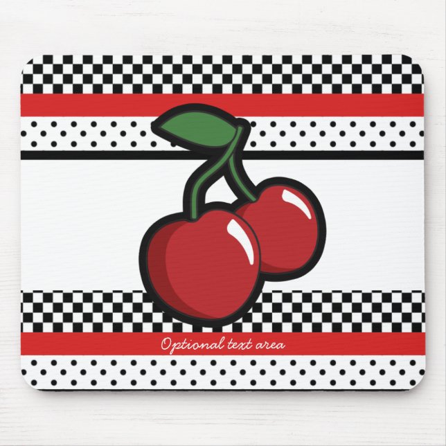 Red Cherries Black White Red Retro Personlig Musmatta (Framsidan)