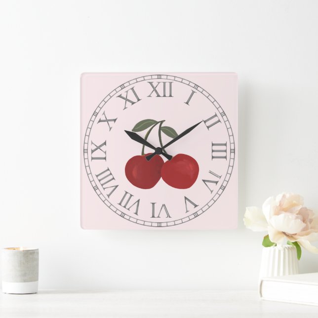 Red Cherries Fruit Illustration  Fyrkantig Klocka (Hem)