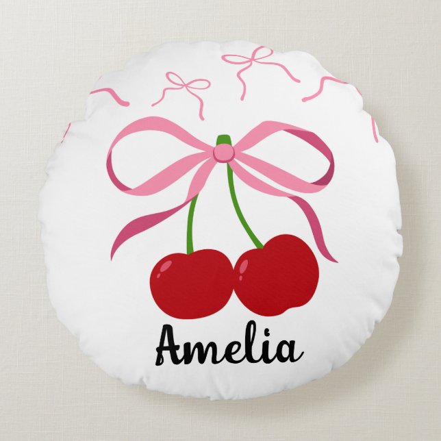 Red Cherries fruit pattern  Rund Kudde (Framsidan)