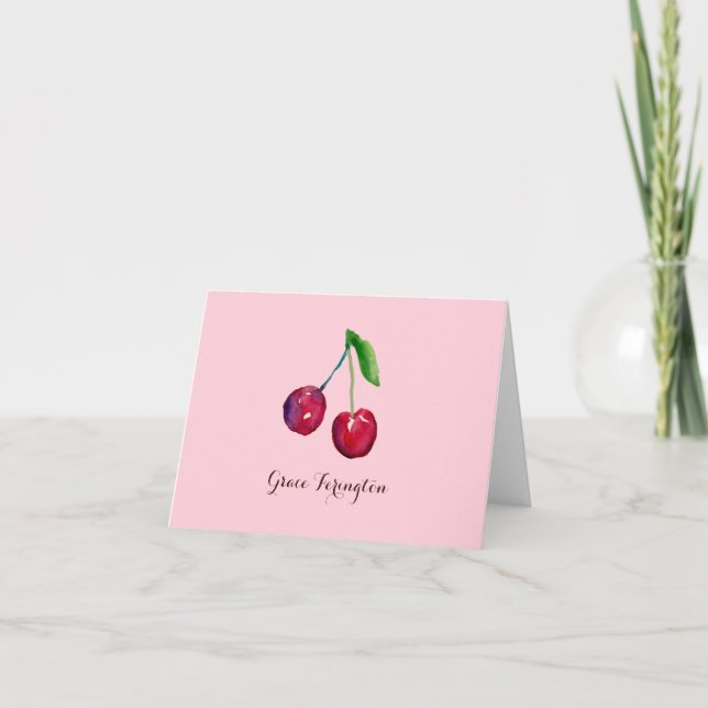 Red Cherries Girly Rosa Coquette Hand-Drawn Anteckningskort (Framsida)
