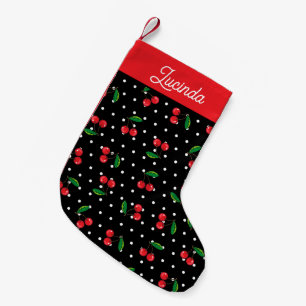 Red Cherries och Polka dots Retro 1950 s Black Liten Julstrumpa