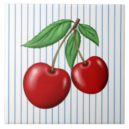 Red Cherries on Blue Rand Graphic Mönster Kakelplatta