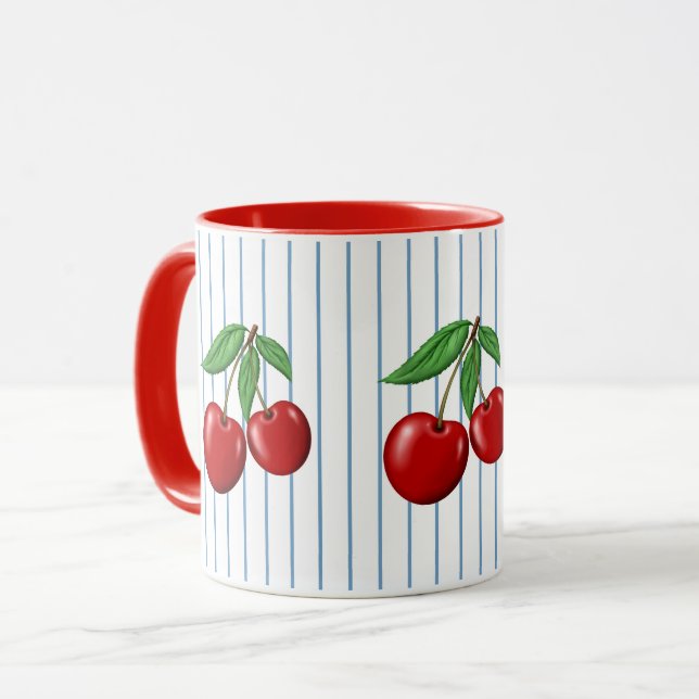 Red Cherries on Blue Rand Graphic Mönster Mugg (Framsida vänster)