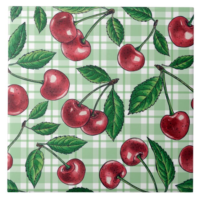 Red cherries on light green gingham kakelplatta (Framsidan)