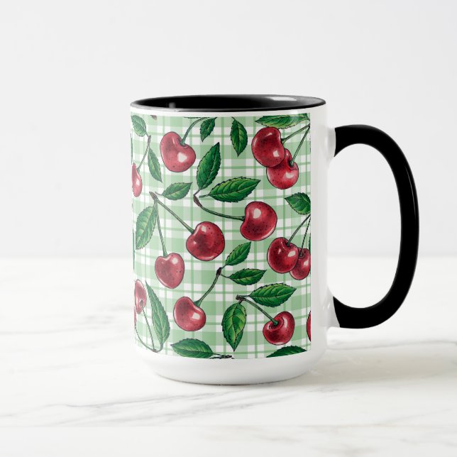 Red cherries on light green gingham mugg (Höger)