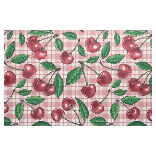 Red cherries on pink gingham tyg (Fat Quarter)