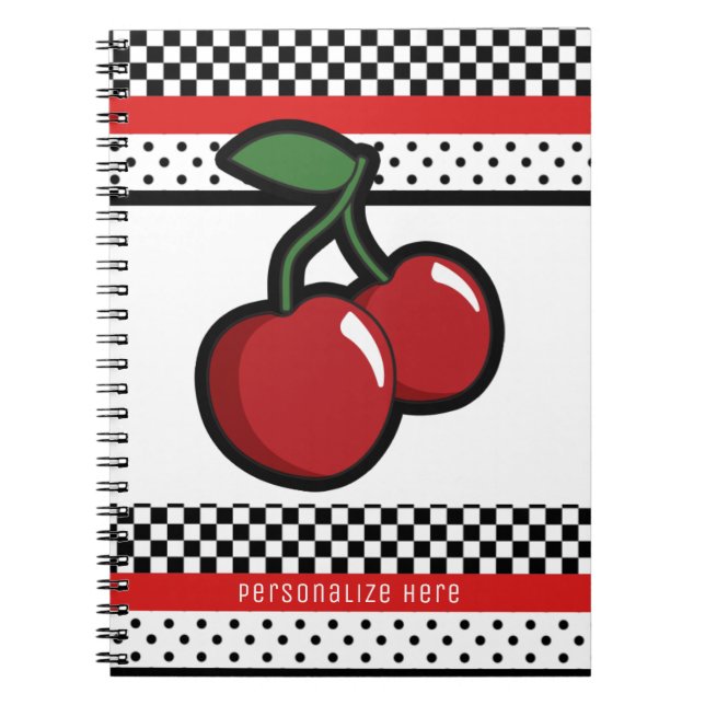 Red Cherries Red Black & White Retro Anpassningsba Anteckningsbok Med Spiral (Framsidan)
