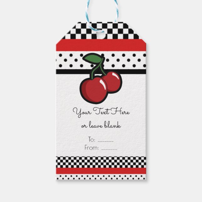 Red Cherries Retro Black White Red Party Favor Presentetikett (Framsidan)