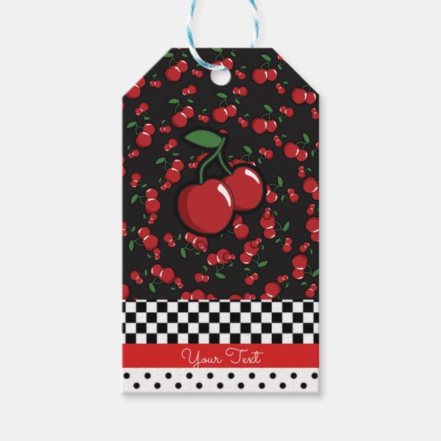 Red Cherries Retro Black White Red Party Favor Presentetikett (Framsidan)