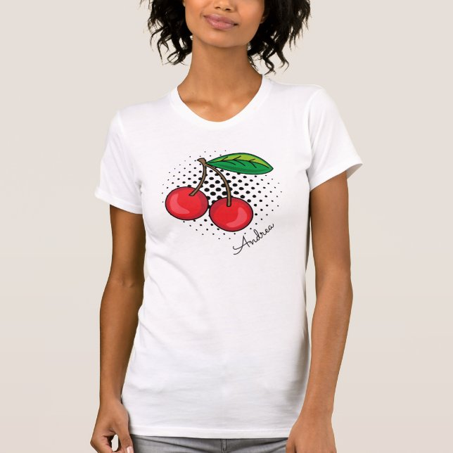 Red Cherries Retro Popart Halftone Fruit T Shirt (Framsida)