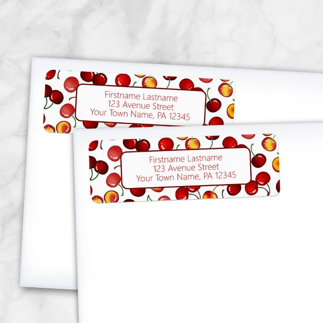 Red Cherries Returadress Returadress Etikett (Red Cherries Return Address Labels from Artistically Invited, as shown on envelopes.)