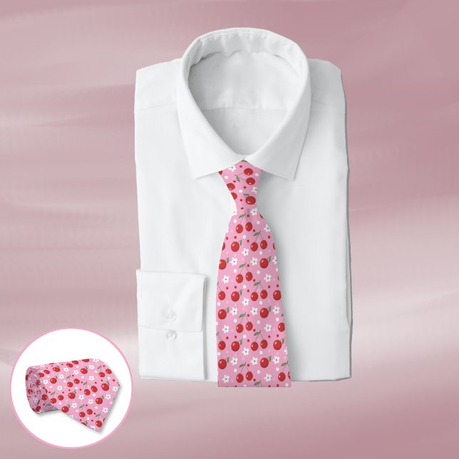 Red Cherries White Flower Mönster Rosa Neck Tie Slips (Skapare uppladdad)