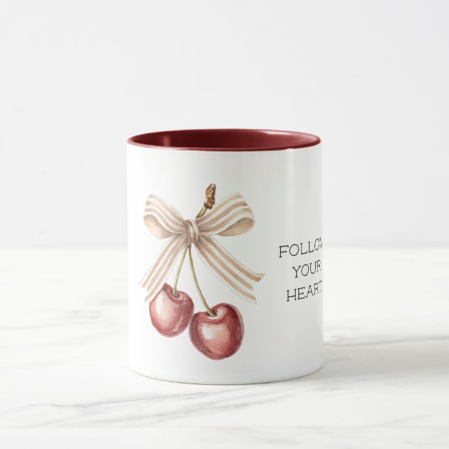 Red Cherries with Cream White Stripes Bow Mugg (Center)