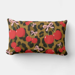 Red Cherries with Rosa Bow Coquette Leopard Print Lumbarkudde