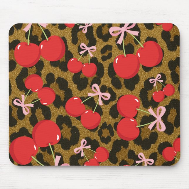 Red Cherries with Rosa Bow Coquette Leopard Print Musmatta (Framsidan)