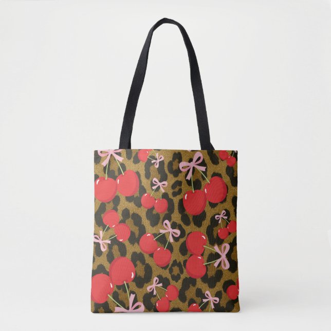 Red Cherries with Rosa Bow Coquette Leopard Print Tygkasse (Framsida)
