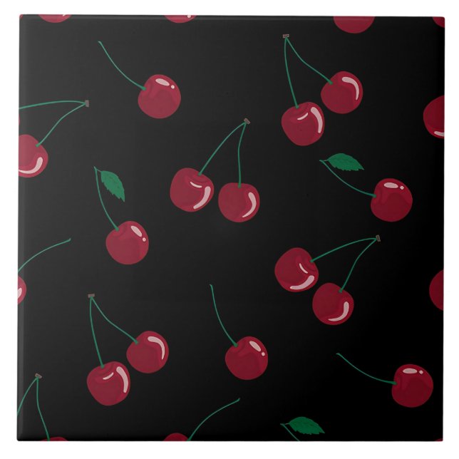 Red Cherry Black Ceramic Tile Kakelplatta (Framsidan)