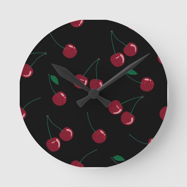 Red Cherry Black Clock Rund Klocka (Framsida)
