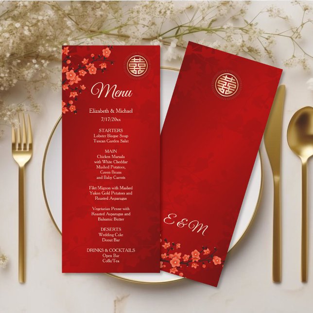 Red Cherry Blommar Chinese Bröllop Menu Card Inbjudningar (Skapare uppladdad)