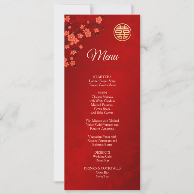 Red Cherry Blommar Chinese Bröllop Menu Card Inbjudningar (Framsida)