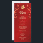 Red Cherry Blommar Chinese Bröllop Menu Card Inbjudningar<br><div class="desc">Röda körsbärssymboler och en lyckosymbol för guld dubbla på en strålande röd bakgrund. Med anpassningsbar brid och groom namn,  bröllop-datum och anpassningsbar-menytext.</div>