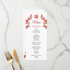 Red Cherry Blommar Chinese Bröllop Menu Card Meny