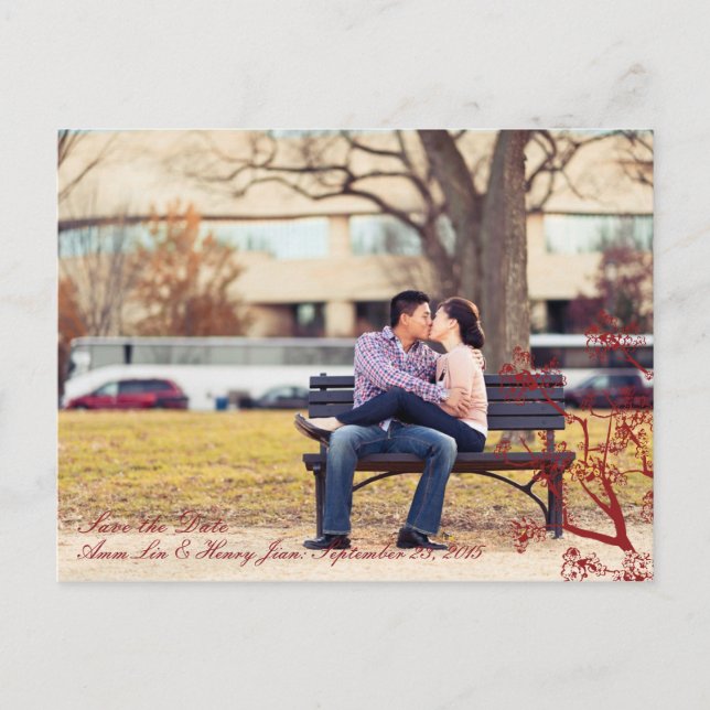 Red Cherry Blommar Oriental Bröllop spara datum Meddelande Vykort (Framsida)