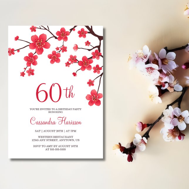 Red Cherry Blommar Sakura Rustic Blommigt Birthday Inbjudningar (Skapare uppladdad)