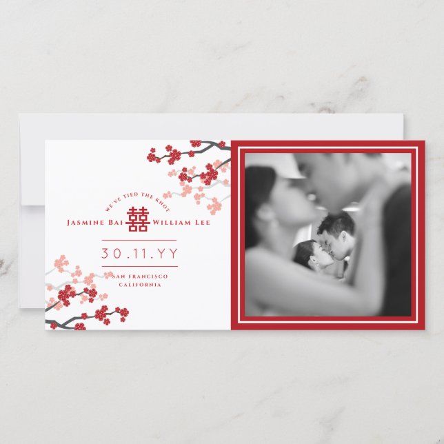 Red Cherry Blommars Dubbla Happity Photo Bröllop Meddelande (Framsida)