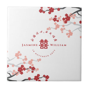 Red Cherry Blommars Dubbla Xi Chinese Bröllop Gift Kakelplatta