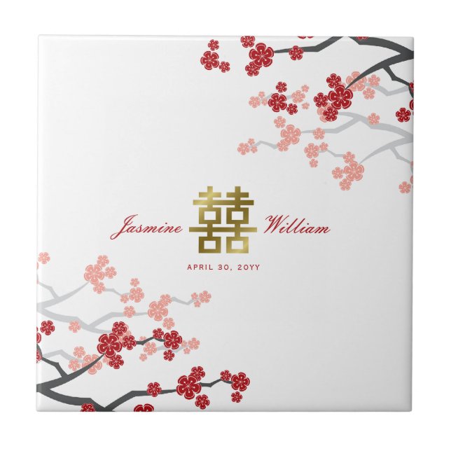 Red Cherry Blommars Elegant China Wedding Favor Kakelplatta (Framsidan)