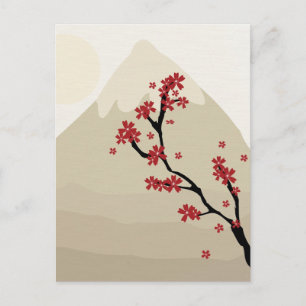 Red Cherry Blommars Mount Fuji Japan Illustration Vykort