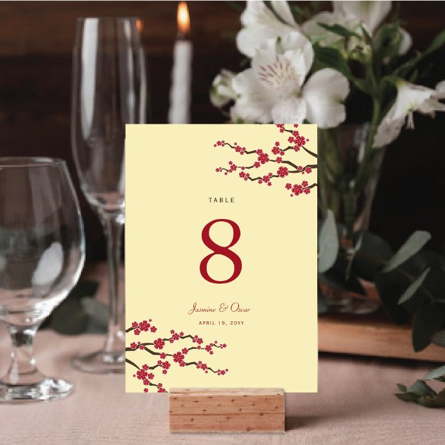 Red Cherry Blommars Sakura Flowers Asian Bröllop Bordsnummer (Red/Cream Cherry Blossoms Sakura Flowers Elegant Asian Wedding Table Number Card @ fat_fa_tin)