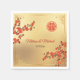   Red Cherry Blossoms Gold Chinese Wedding Custom Pappersservett