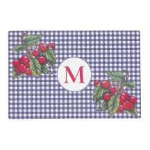 Red Cherry Blue Gingham Monogram Summer Cottage