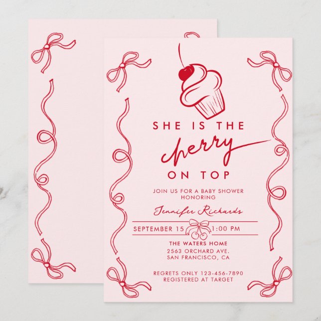 Red Cherry Cupkaka Rosa Girl Baby Shower Inbjudningar (Fram/baksida)